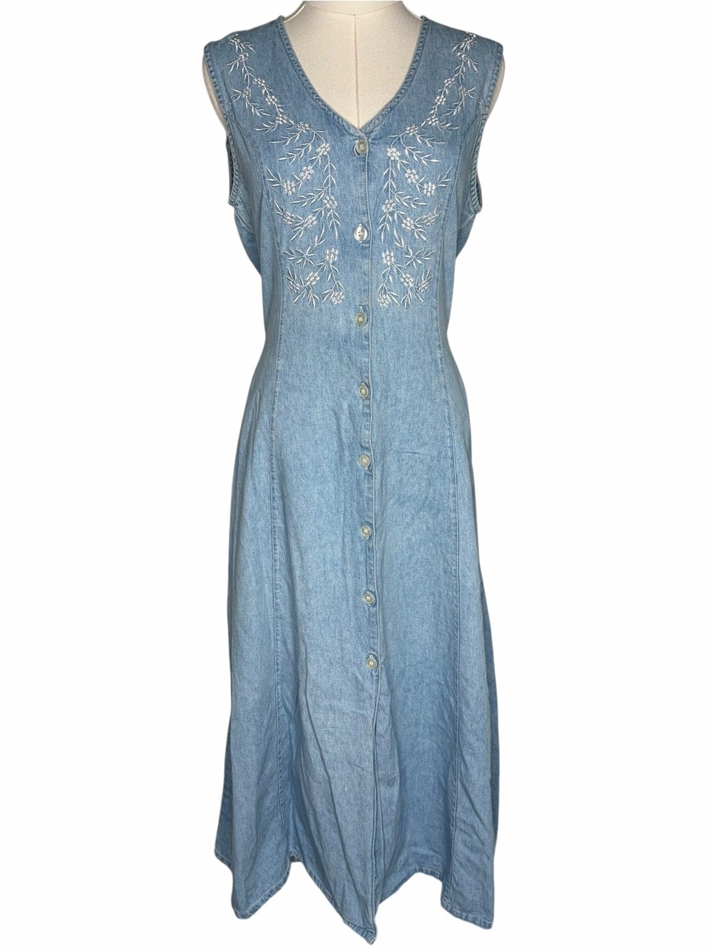 Vintage 90s Denim Floral Embroidery Maxi Dress Boho Retro